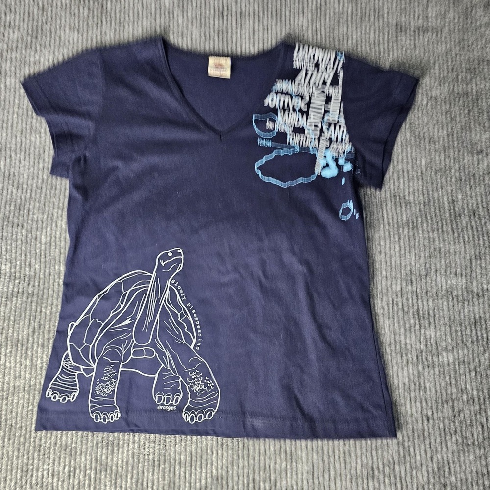 Rasgos Shirt Womens Large Blue V Neck Galapagos Turtle Graphic Top Tee - Picture 1 of 10